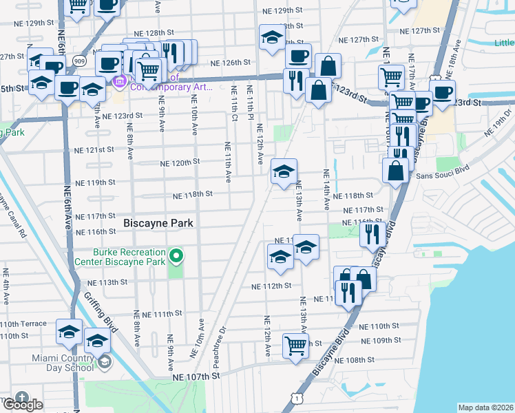 map of restaurants, bars, coffee shops, grocery stores, and more near 1106 Northeast 118th Street in Biscayne Park