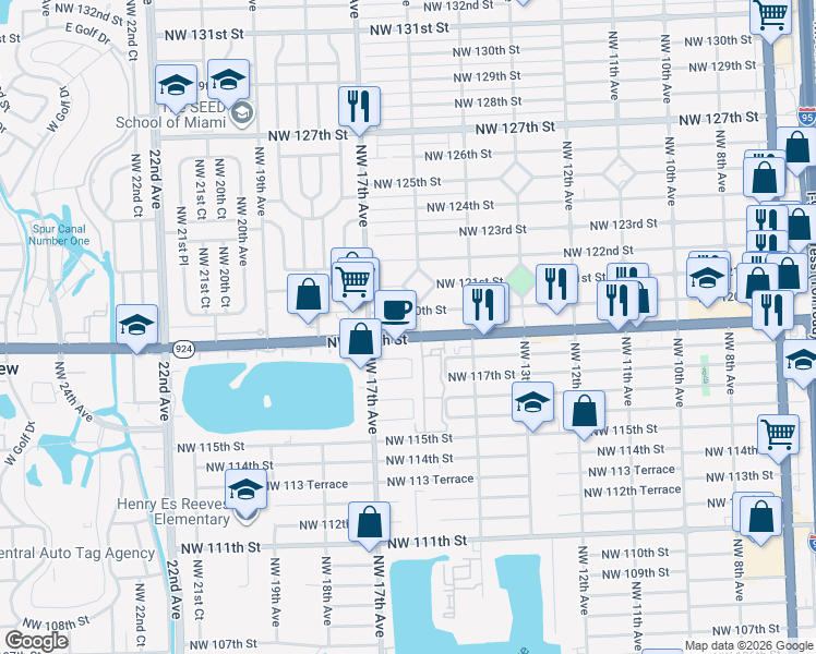 map of restaurants, bars, coffee shops, grocery stores, and more near 11995 Northwest 16th Avenue in Miami