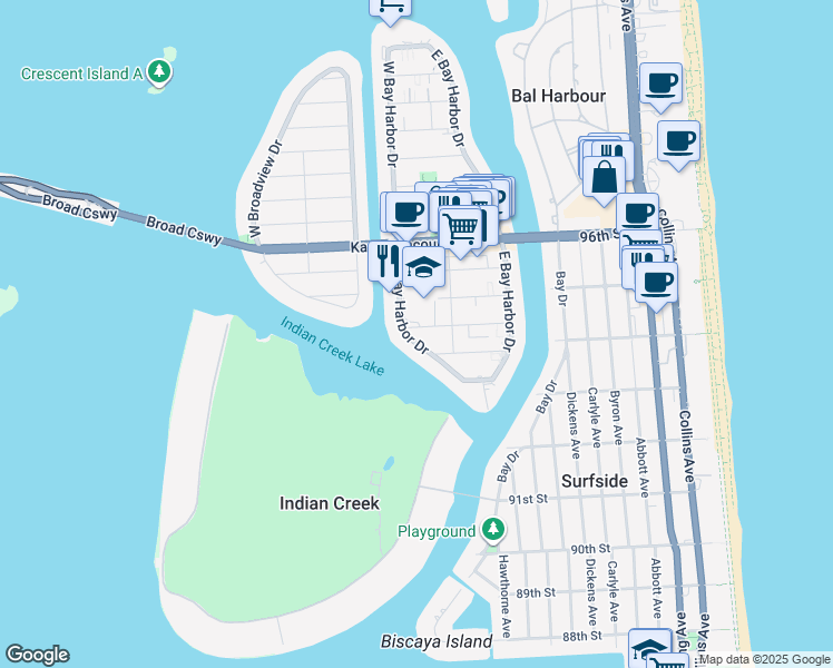 map of restaurants, bars, coffee shops, grocery stores, and more near 9350b West Bay Harbor Drive in Bay Harbor Islands