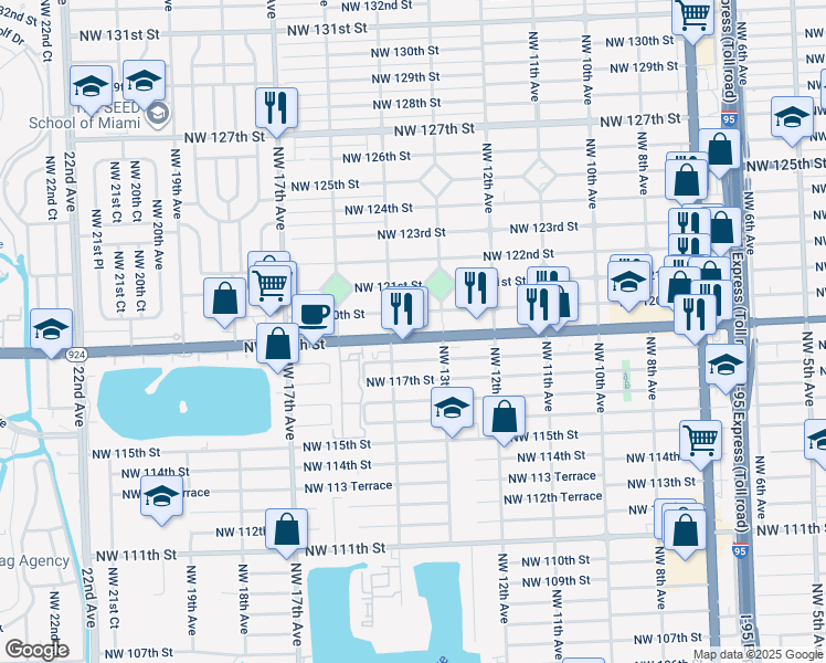 map of restaurants, bars, coffee shops, grocery stores, and more near 1340 Northwest 120th Street in North Miami