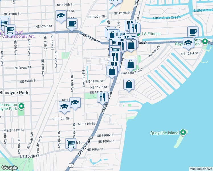 map of restaurants, bars, coffee shops, grocery stores, and more near 103 Northeast 16th Avenue in Miami