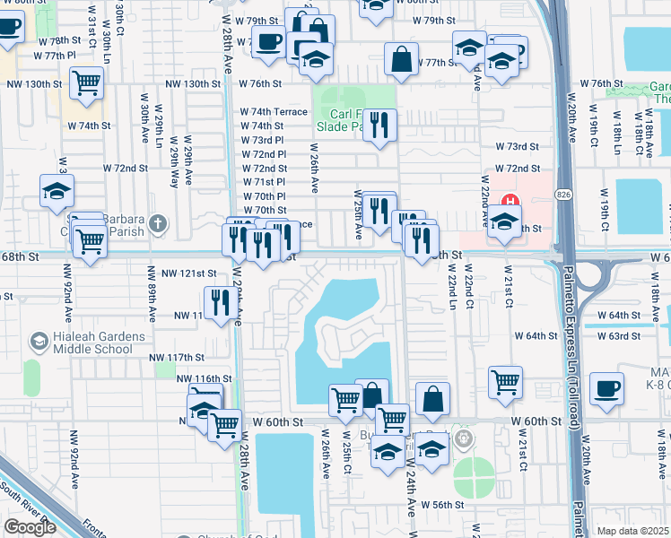map of restaurants, bars, coffee shops, grocery stores, and more near 2535 West 68th Street in Hialeah