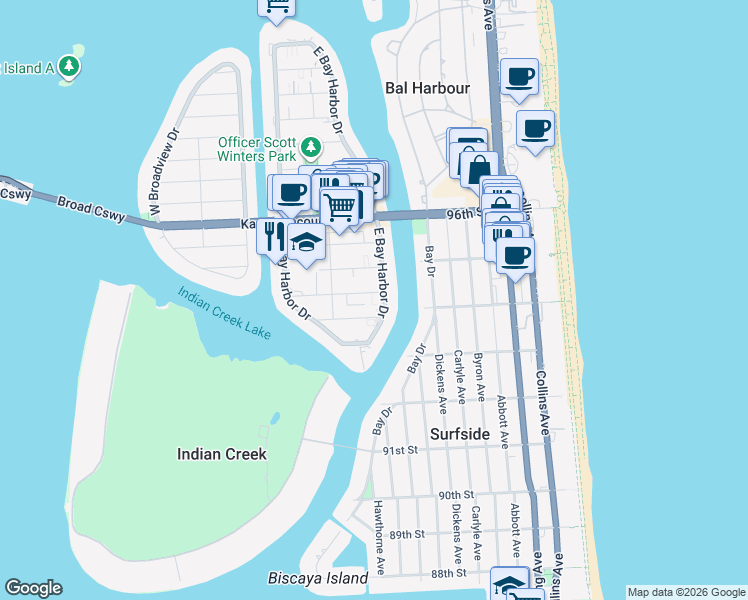 map of restaurants, bars, coffee shops, grocery stores, and more near 1045 93rd Street in Bay Harbor Islands