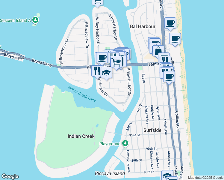 map of restaurants, bars, coffee shops, grocery stores, and more near 9300 Bay Harbor Terrace in Bay Harbor Islands