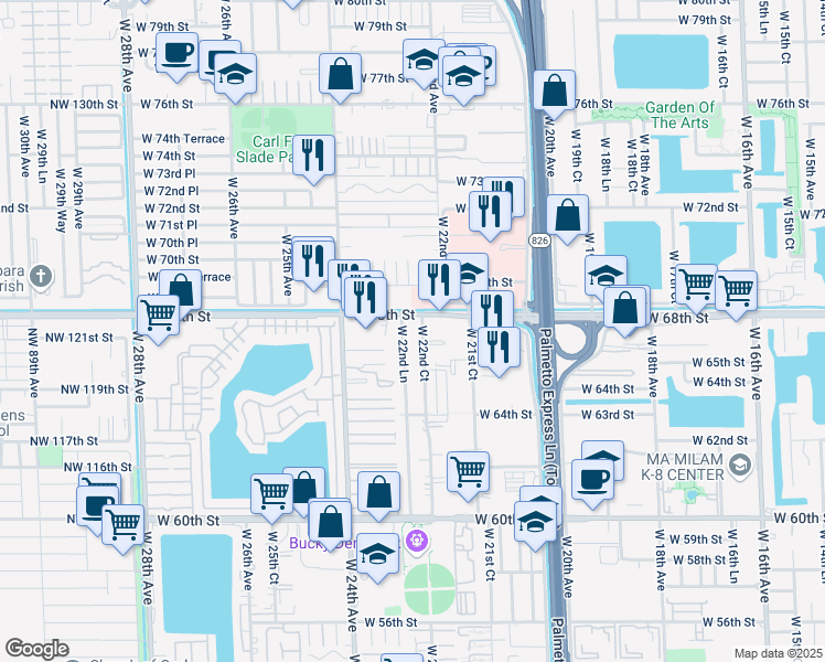 map of restaurants, bars, coffee shops, grocery stores, and more near 6798 West 22nd Lane in Hialeah