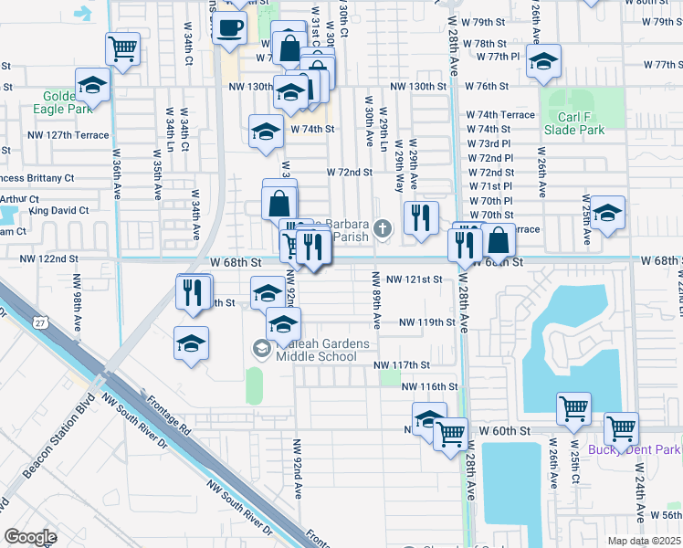 map of restaurants, bars, coffee shops, grocery stores, and more near 9160 Northwest 122nd Street in Hialeah
