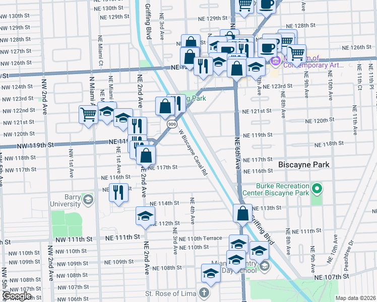 map of restaurants, bars, coffee shops, grocery stores, and more near 11843 West Biscayne Canal Road in Miami