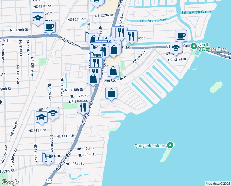map of restaurants, bars, coffee shops, grocery stores, and more near 11625 Canal Drive in Miami
