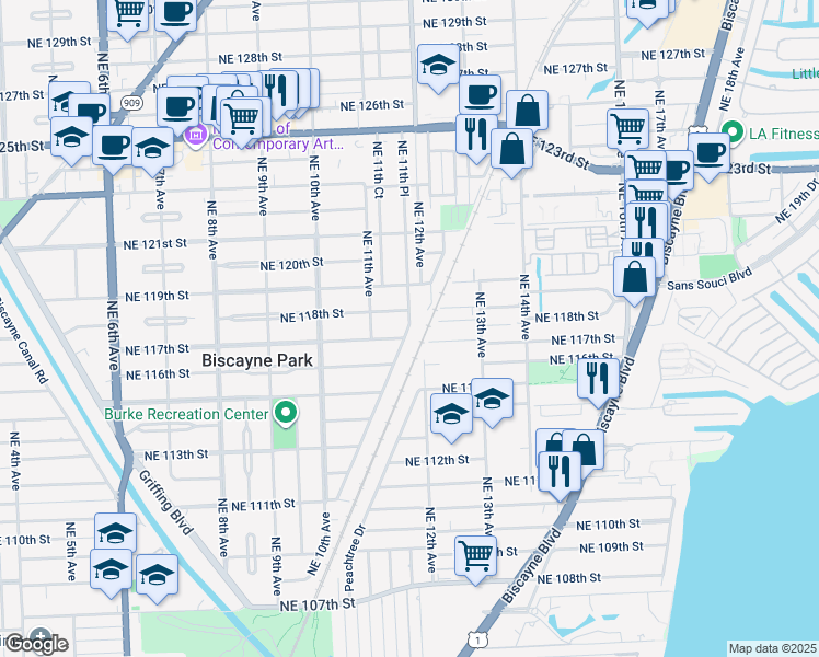 map of restaurants, bars, coffee shops, grocery stores, and more near 1106 Northeast 118th Street in Biscayne Park