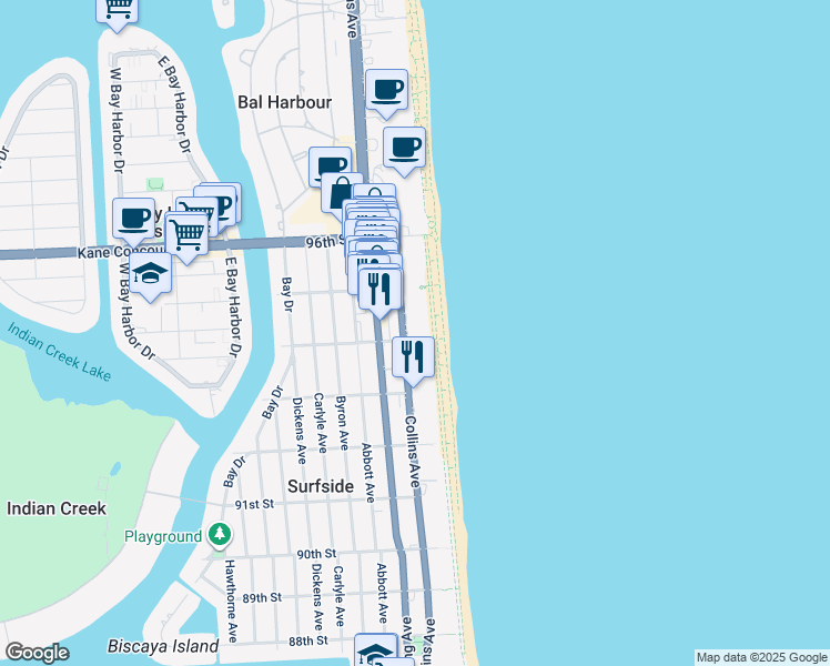 map of restaurants, bars, coffee shops, grocery stores, and more near 9416 Florida A1A in Surfside