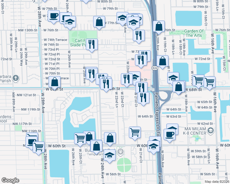 map of restaurants, bars, coffee shops, grocery stores, and more near 6798 West 22nd Lane in Hialeah
