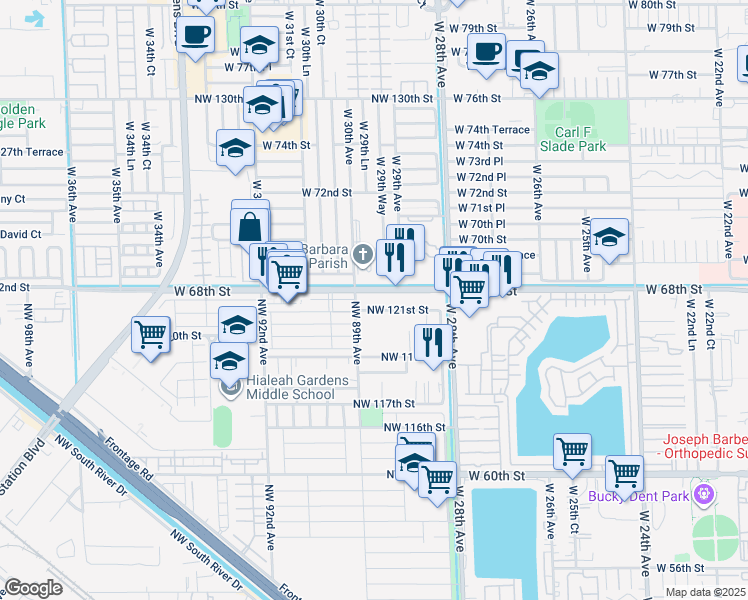 map of restaurants, bars, coffee shops, grocery stores, and more near 8850 West 68th Street in Hialeah