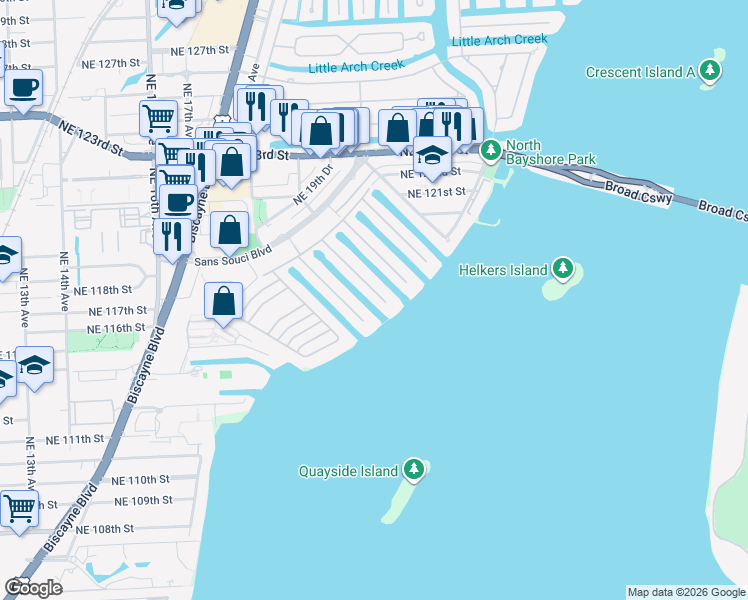map of restaurants, bars, coffee shops, grocery stores, and more near 1960 Northeast 119th Road in North Miami