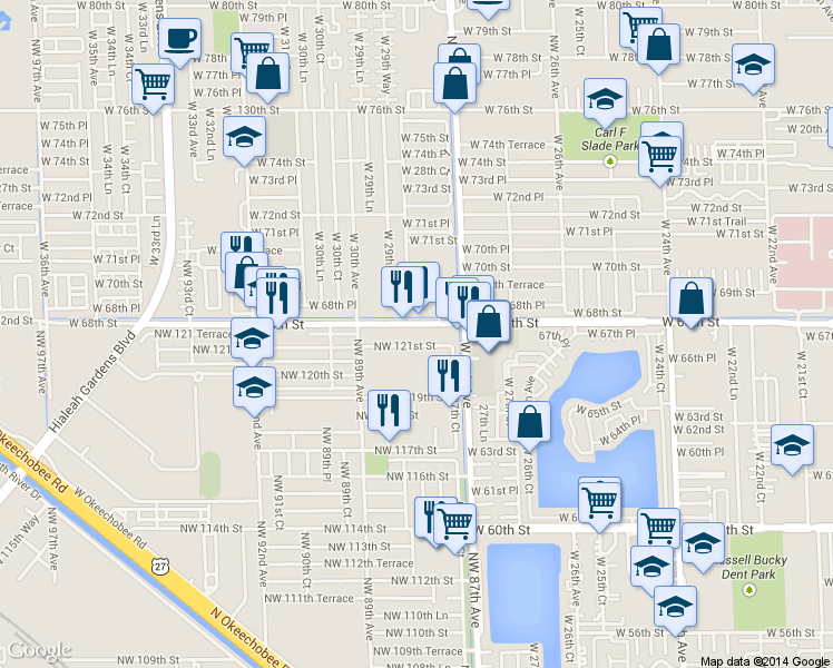 map of restaurants, bars, coffee shops, grocery stores, and more near 8760 Northwest 122nd Street in Hialeah Gardens