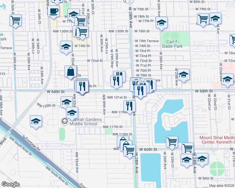 map of restaurants, bars, coffee shops, grocery stores, and more near 8760 Northwest 122nd Street in Hialeah Gardens