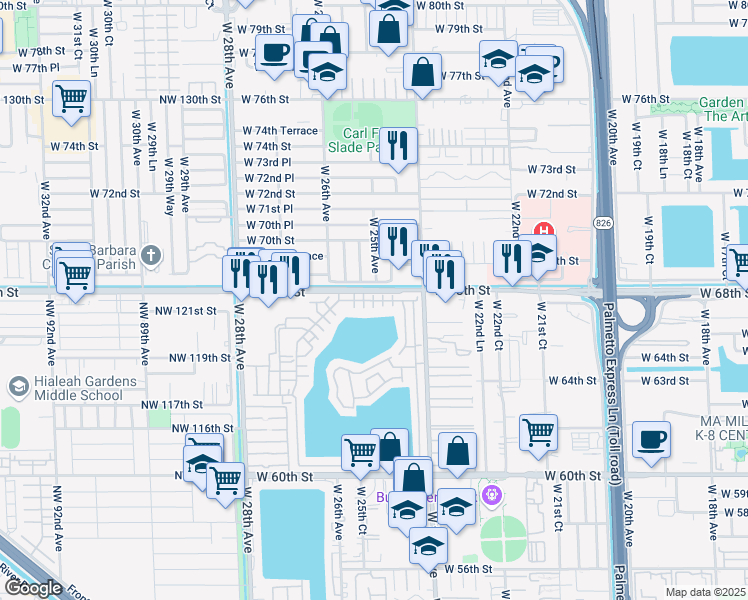 map of restaurants, bars, coffee shops, grocery stores, and more near 2535 West 67th Place in Hialeah