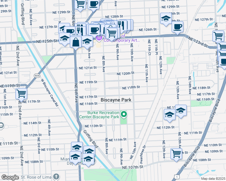 map of restaurants, bars, coffee shops, grocery stores, and more near 850 Northeast 118th Street in Biscayne Park