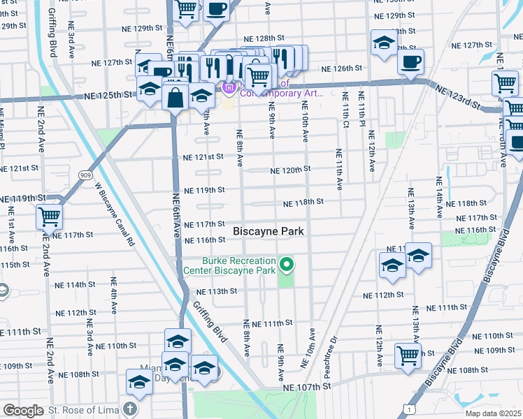 map of restaurants, bars, coffee shops, grocery stores, and more near 850 Northeast 118th Street in Biscayne Park