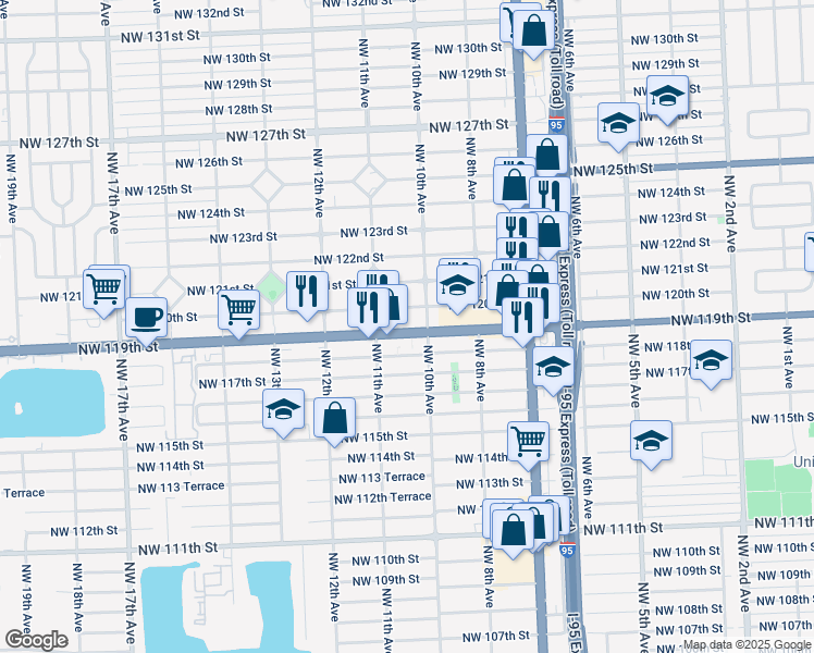 map of restaurants, bars, coffee shops, grocery stores, and more near 1041 Northwest 119th Street in Miami