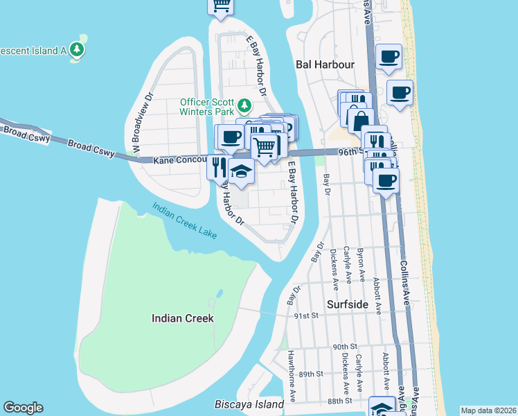 map of restaurants, bars, coffee shops, grocery stores, and more near 9300 Bay Harbor Terrace in Bay Harbor Islands