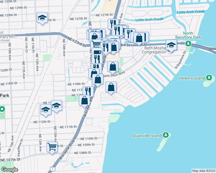 map of restaurants, bars, coffee shops, grocery stores, and more near 11625 Canal Drive in Miami