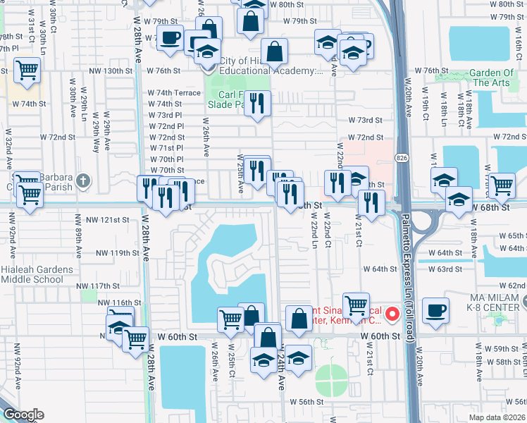 map of restaurants, bars, coffee shops, grocery stores, and more near 2455 West 67th Place in Hialeah