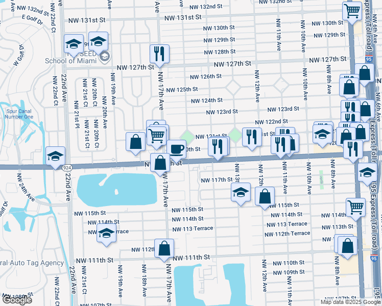 map of restaurants, bars, coffee shops, grocery stores, and more near 11995 Northwest 16th Avenue in Miami