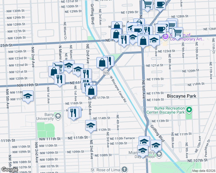 map of restaurants, bars, coffee shops, grocery stores, and more near 300 Northeast 118th Terrace in Miami