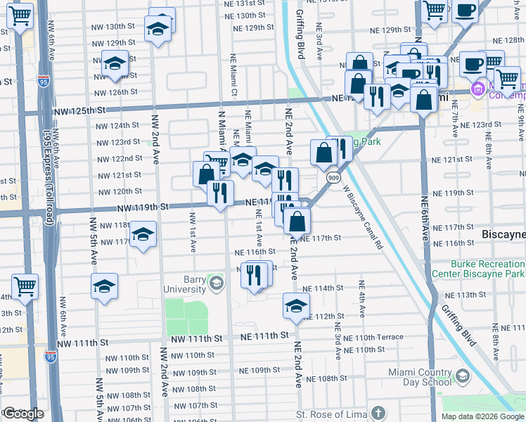 map of restaurants, bars, coffee shops, grocery stores, and more near 114 Northeast 119th Street in Miami