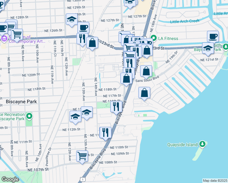 map of restaurants, bars, coffee shops, grocery stores, and more near 1520 Northeast 118th Street in Miami