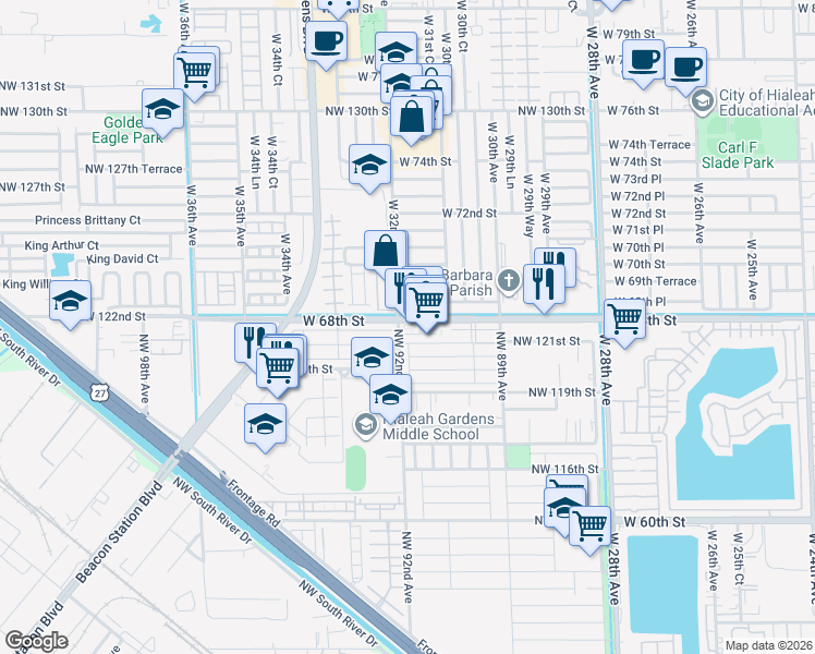 map of restaurants, bars, coffee shops, grocery stores, and more near 9190 Northwest 122nd Street in Hialeah Gardens