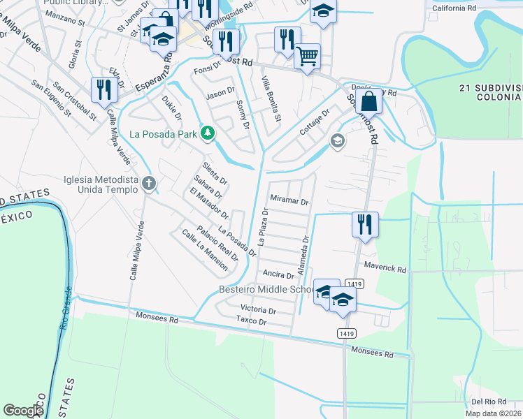 map of restaurants, bars, coffee shops, grocery stores, and more near 3062 La Plaza Drive in Brownsville