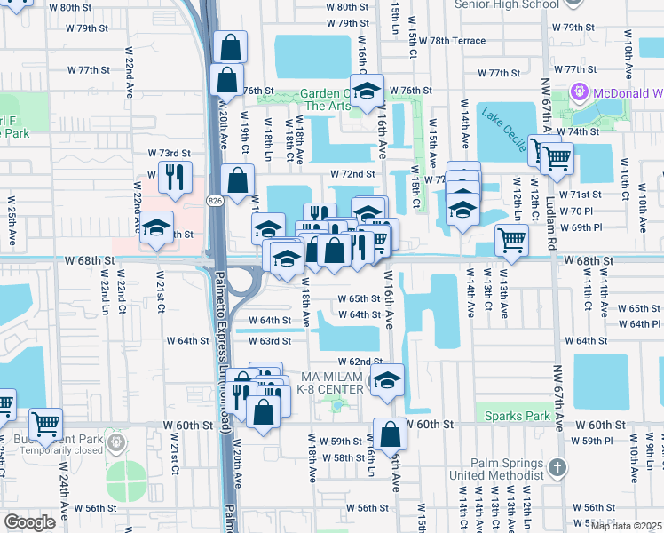 map of restaurants, bars, coffee shops, grocery stores, and more near 1718 West 68th Street in Hialeah