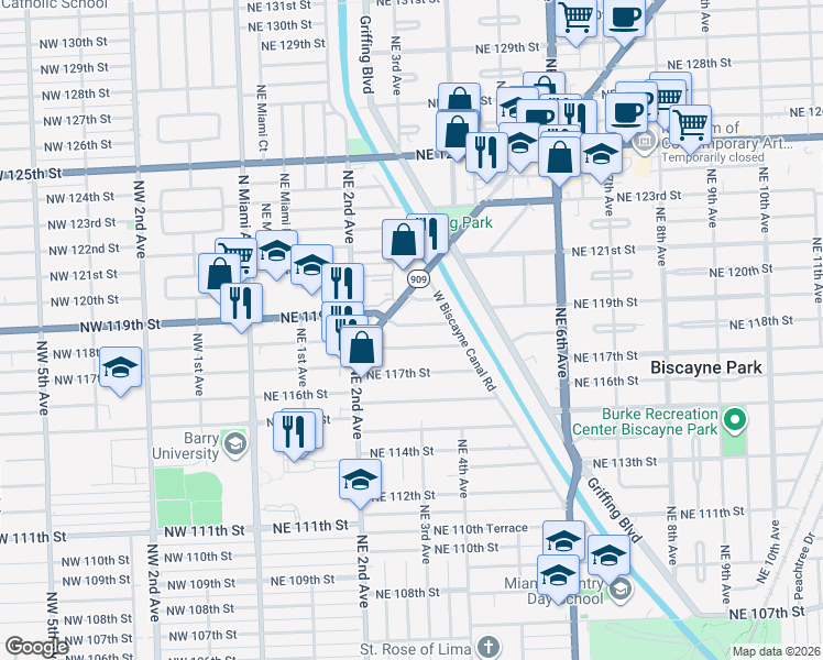 map of restaurants, bars, coffee shops, grocery stores, and more near 300 Northeast 118th Terrace in Miami