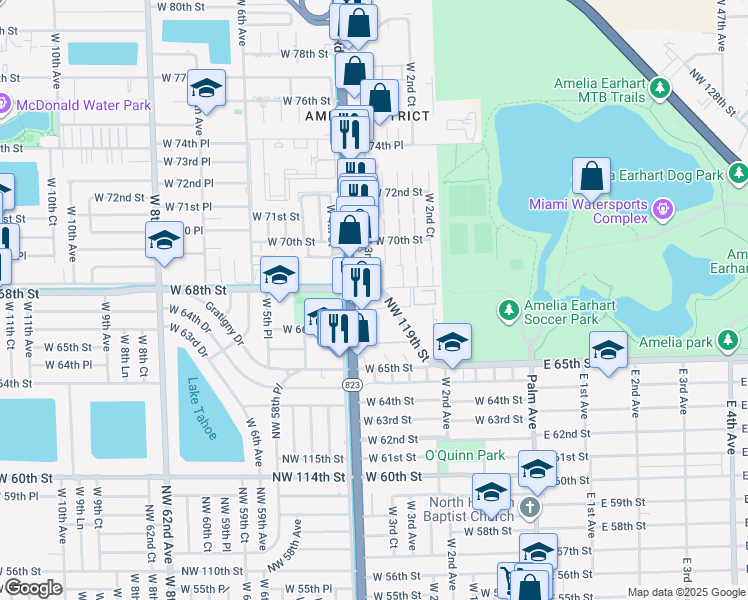 map of restaurants, bars, coffee shops, grocery stores, and more near 6780 West 68th Street in Hialeah
