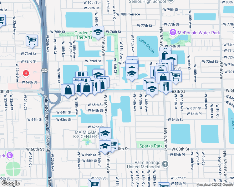 map of restaurants, bars, coffee shops, grocery stores, and more near 1558 West 68th Street in Hialeah