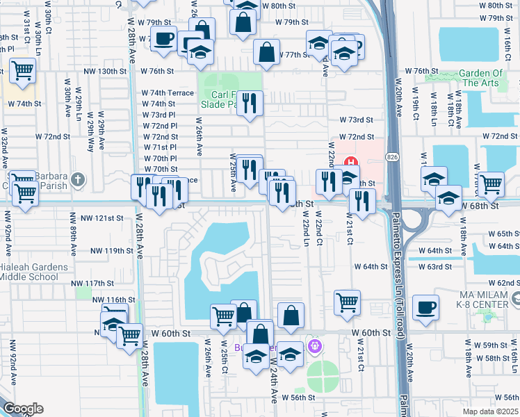 map of restaurants, bars, coffee shops, grocery stores, and more near 2425 West 67th Place in Hialeah