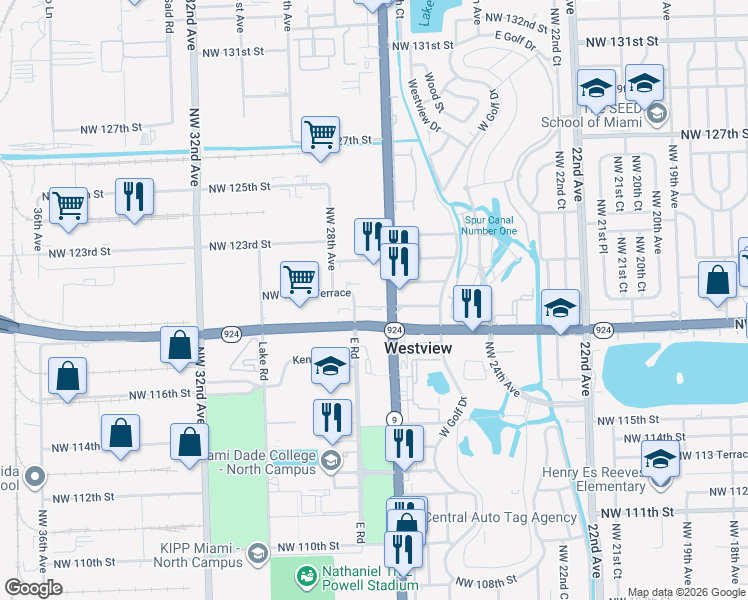 map of restaurants, bars, coffee shops, grocery stores, and more near 12000 Northwest 27th Avenue in Miami