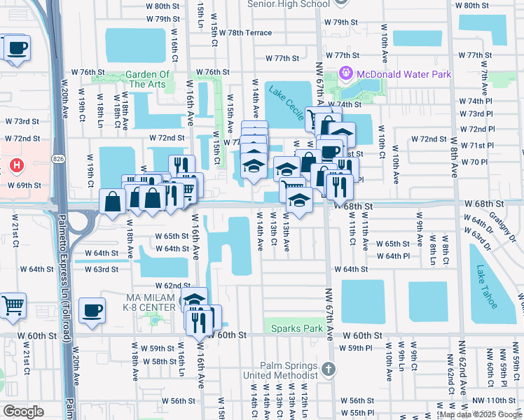 map of restaurants, bars, coffee shops, grocery stores, and more near 6791 West 14th Avenue in Hialeah