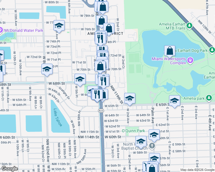 map of restaurants, bars, coffee shops, grocery stores, and more near 6780 West 68th Street in Hialeah