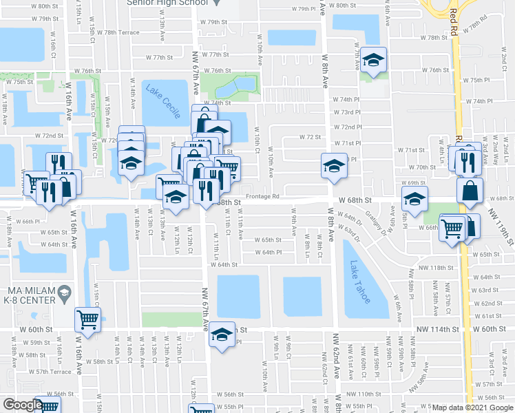 map of restaurants, bars, coffee shops, grocery stores, and more near 1042 West 68th Street in Hialeah