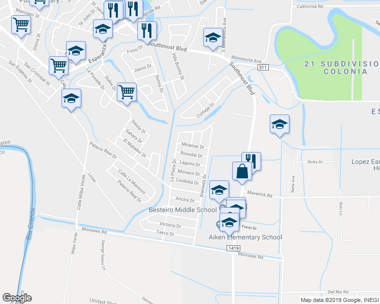 map of restaurants, bars, coffee shops, grocery stores, and more near 1939 Rosedal Dr in Brownsville