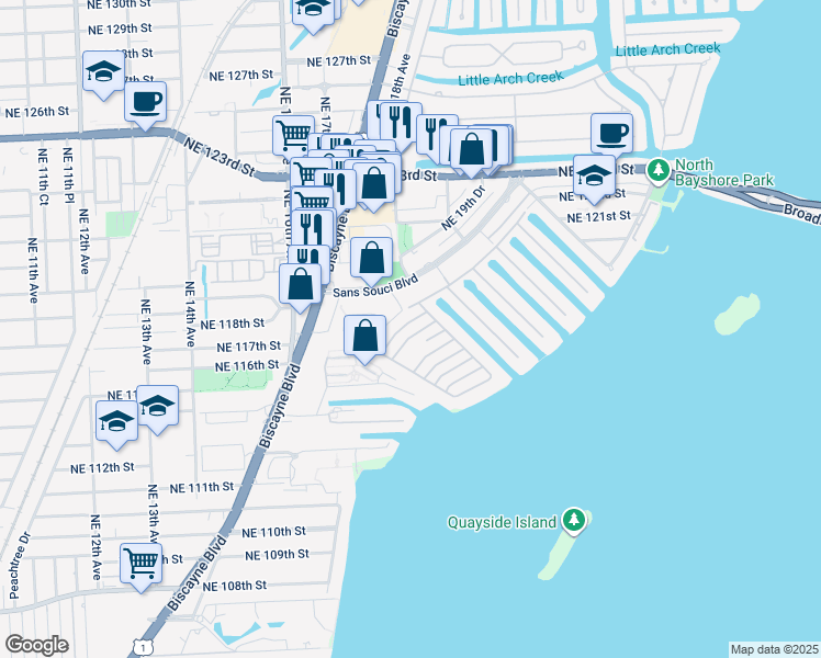 map of restaurants, bars, coffee shops, grocery stores, and more near 11655 Northeast 20th Drive in North Miami
