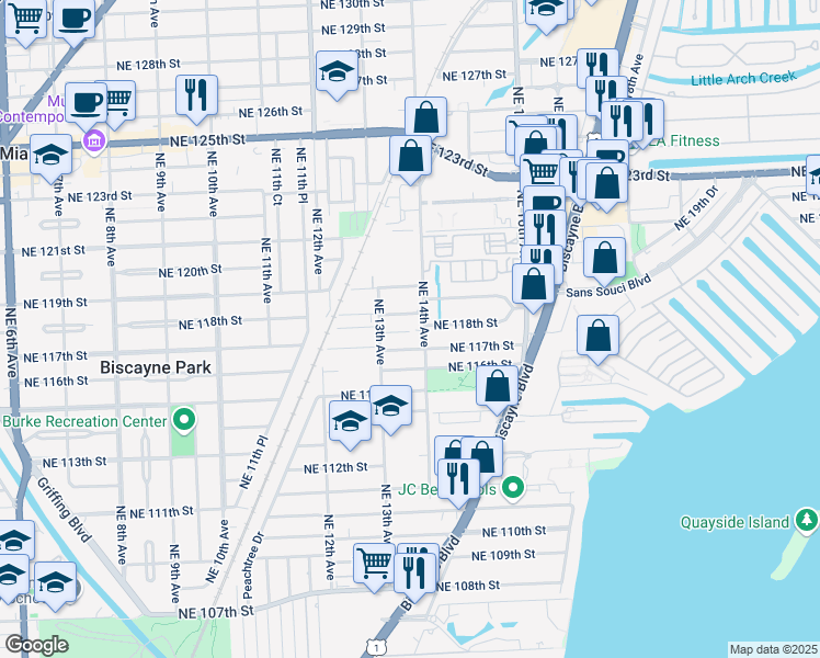 map of restaurants, bars, coffee shops, grocery stores, and more near 1347 Northeast 117th Terrace in Miami