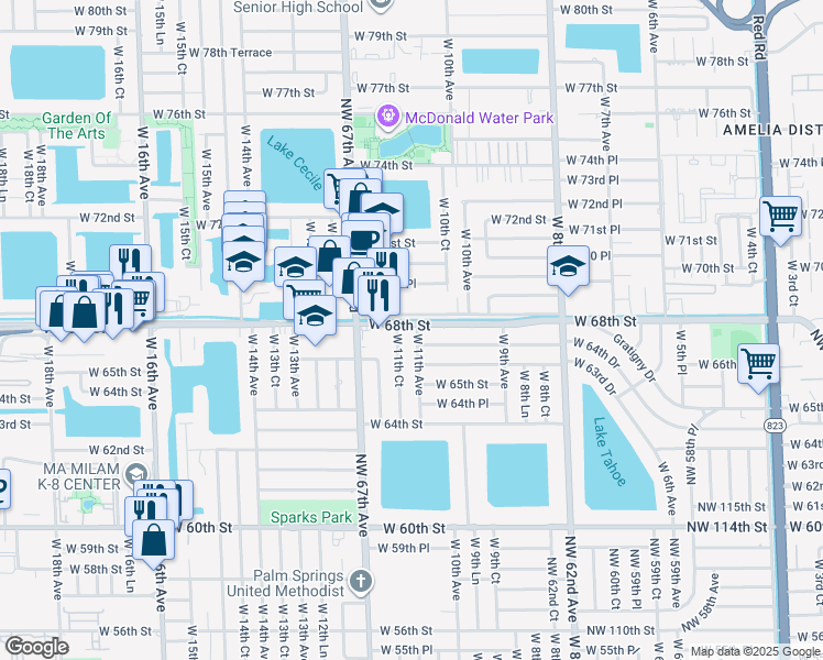map of restaurants, bars, coffee shops, grocery stores, and more near 6780 West 11th Avenue in Hialeah