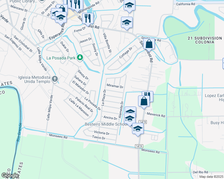 map of restaurants, bars, coffee shops, grocery stores, and more near 1939 Rosedal Dr in Brownsville