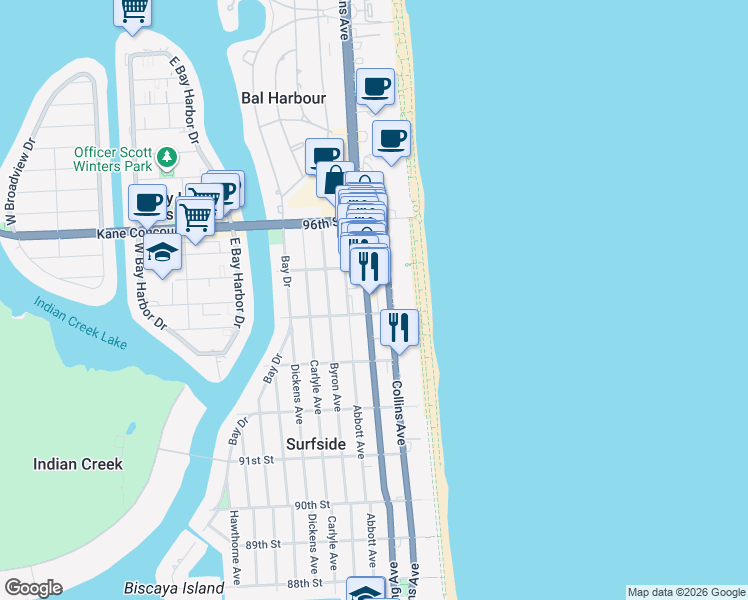 map of restaurants, bars, coffee shops, grocery stores, and more near 9416 Florida A1A in Surfside