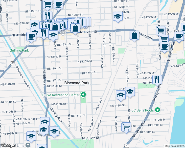 map of restaurants, bars, coffee shops, grocery stores, and more near 11709 Northeast 10th Avenue in Biscayne Park