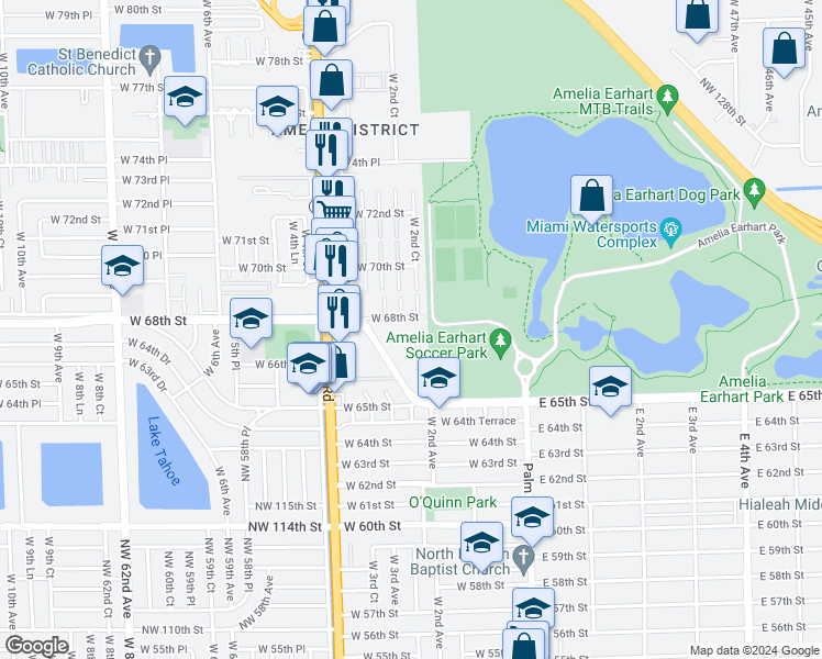 map of restaurants, bars, coffee shops, grocery stores, and more near 210 West 68th Street in Hialeah