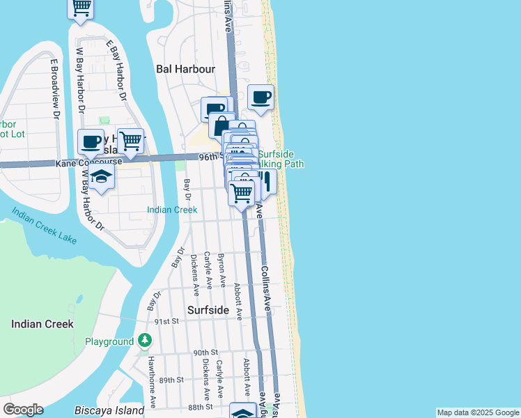 map of restaurants, bars, coffee shops, grocery stores, and more near 9416 Florida A1A in Surfside
